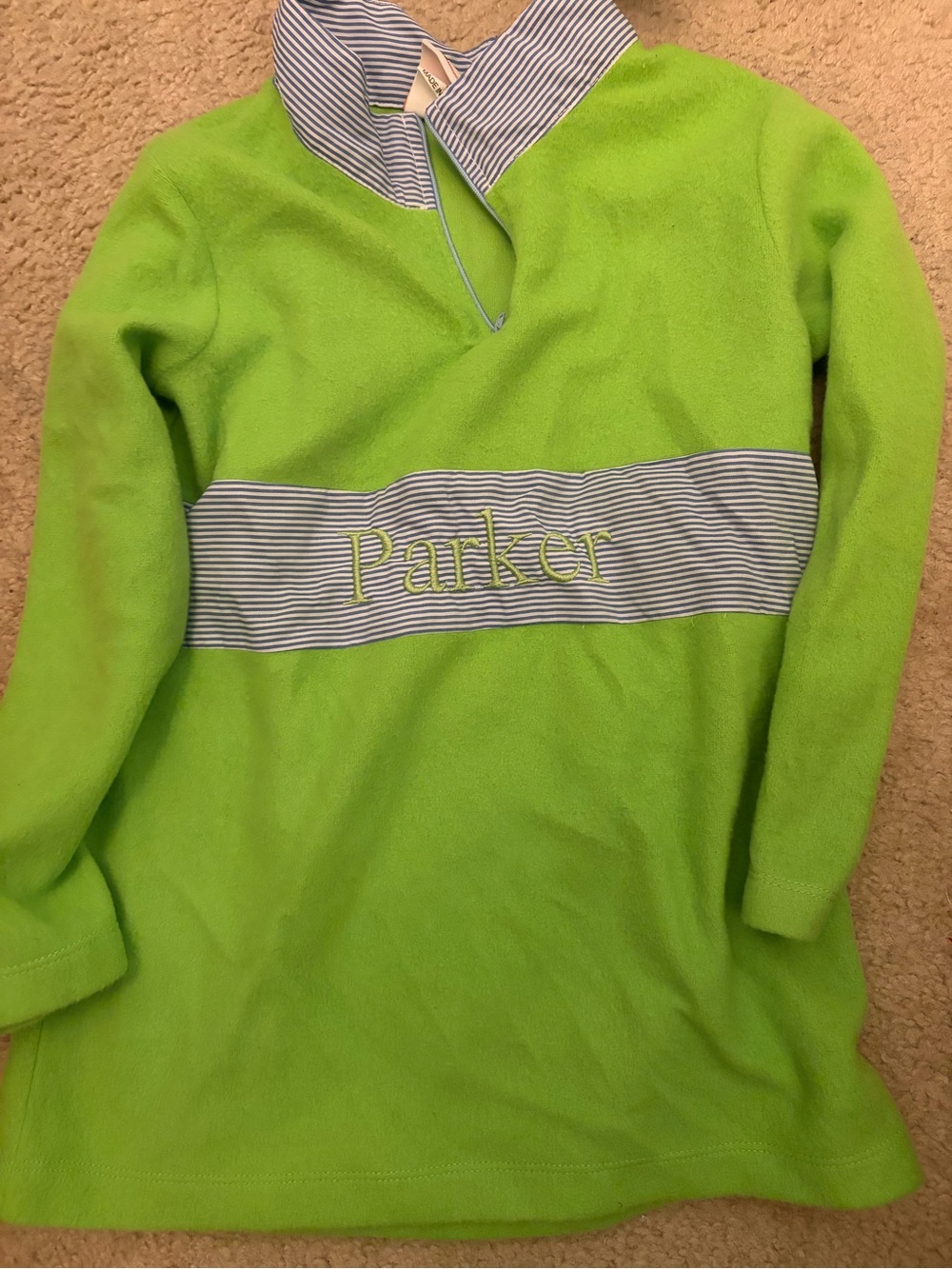 Embroidered 'Parker' Lime Green Fleece pullover with Stripes